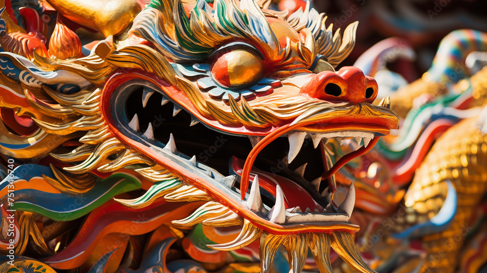 Colorful dragon statue in chinese temple, closeup of photo generativa IA