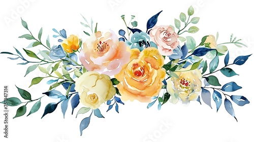 Watercolor floral illustration bouquet set - collection green blush blue yellow pink frame, border, wreath, frame; wedding stationary, greetings, wallpaper, fashion, posters, background. Generative Ai