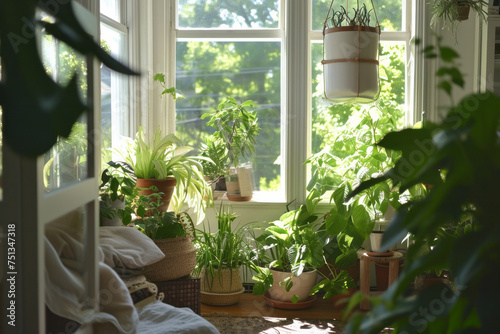 Indoor room filled with numerous plants lined up next to a window  creating a green oasis inside the space