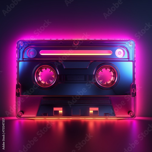 Retro audiocassette. Neon audio cassette. Old-school nostalgia concept