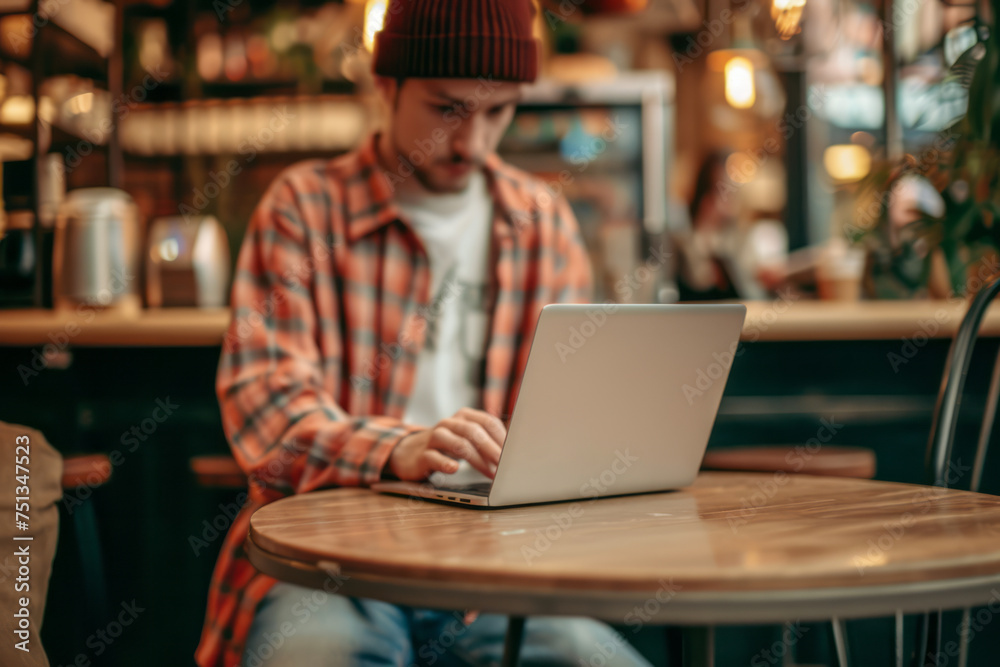 A man is seated at a table, focused on his laptop computer A man is seated at a table, focused on his laptop computer
