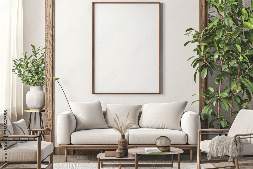 A living room featuring a couch, chair, table, and a picture frame displayed on the wall A living room featuring a couch, chair, table, and a picture frame displayed on the wall