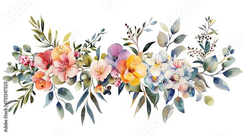 Watercolor floral illustration set - flower and green leaf branches bouquets collection, for wedding stationary, greetings, wallpapers, fashion, background. Eucalyptus, green leaves. Generative Ai photo