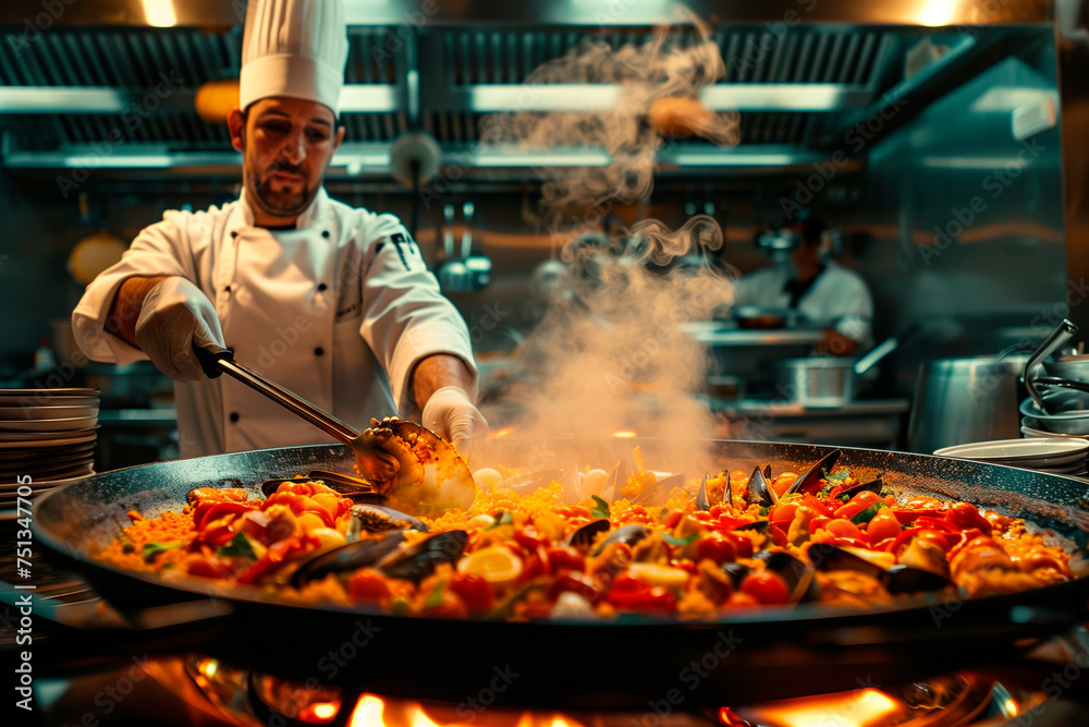Chef cooking paella in the kitchen of a restaurant Chef cooking paella in the kitchen of a restaurant