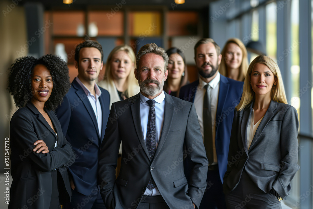 Diverse group of professionals smiling and posing for a group photo in a corporate setting Diverse group of professionals smiling and posing for a group photo in a corporate setting