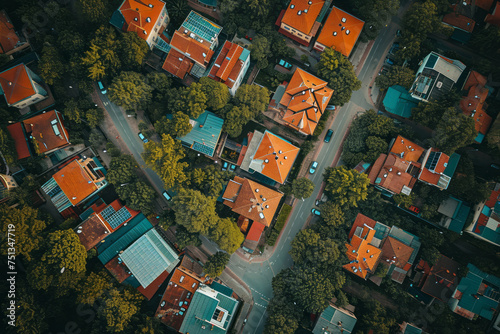 A drone captures a neighborhood below, its vibrant orange roofs standing out against the surrounding buildings and greenery