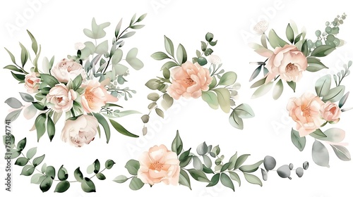 Watercolor floral illustration set bouquet, wreath, frame green leaves, pink peach blush white flowers branches. Wedding invitations, greetings, wallpapers, fashion, prints. Eucalyptus. Generative Ai