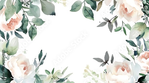 Watercolor floral illustration set bouquet, wreath, frame green leaves, pink peach blush white flowers branches. Wedding invitations, greetings, wallpapers, fashion, prints. Eucalyptus. Generative Ai
