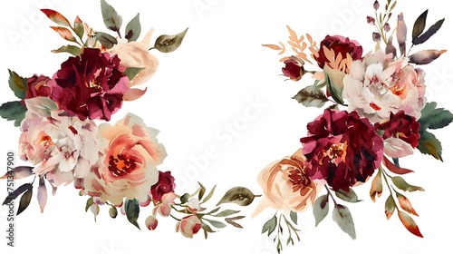 Watercolor floral wreath border bouquet frame collection set green leaves burgundy maroon scarlet pink peach blush white flowers leaf branches. Wedding invitations stationery wallpapers. Generative Ai photo