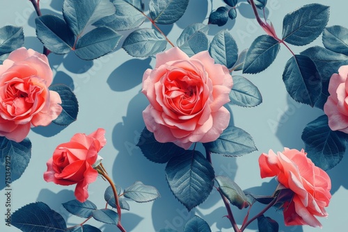 Beautiful Pink Roses and Green Leaves Arranged on Blue Background, Floral Flat Lay Top View Composition