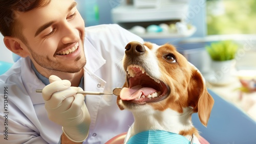 Vet dentist examines a dogs teeth in a dental chair at clinic. photo