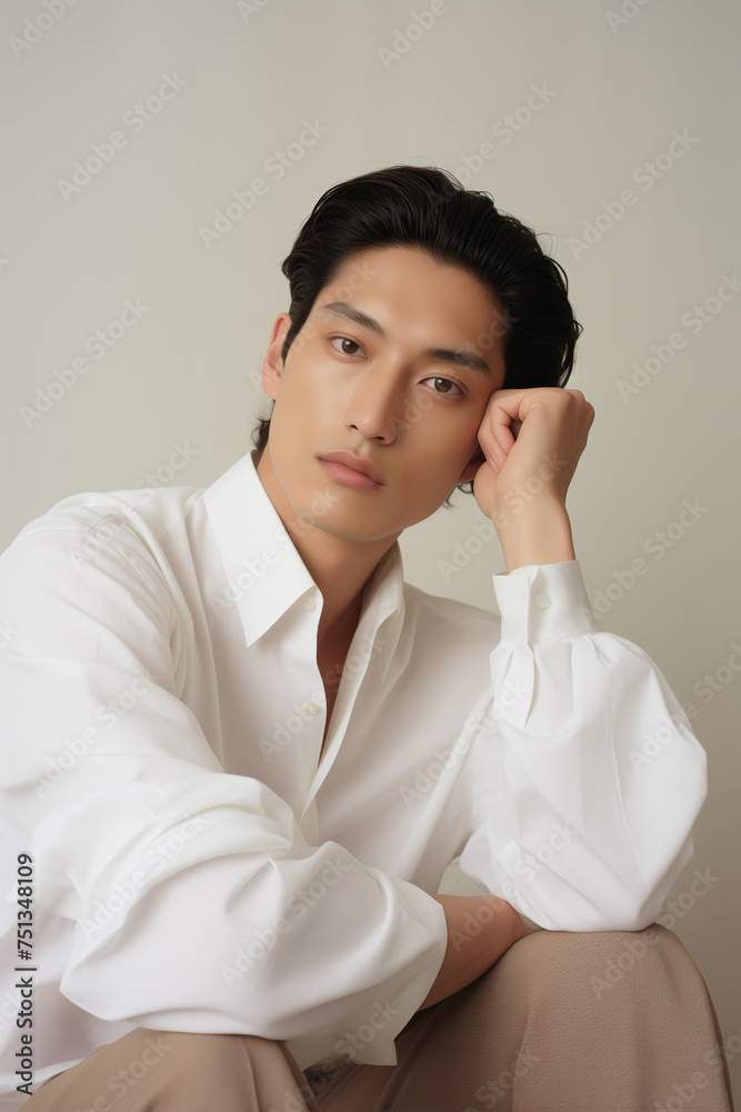 portrait of a beautiful young man wears white blouse, Against a plain, light beige backdrop that fades into the back. fashion lifestyle photography. editorial portrait suffused with earthy tones. portrait of a beautiful young man wears white blouse, Against a plain, light beige backdrop that fades into the back. fashion lifestyle photography. editorial portrait suffused with earthy tones.