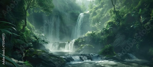 A powerful waterfall cascades down a rocky cliff in the heart of a lush forest. The water rushes with force, creating a dynamic and energetic scene amidst the greenery of the jungle.