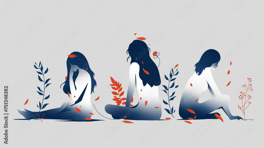 Obraz premium Three women are sitting on the ground, with one of them holding a leaf