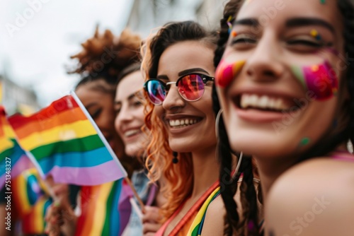 a group of women smiling with rainbow colored hair and rainbow flags