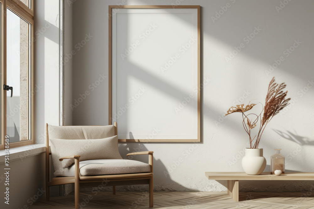 A chair and table are positioned near a large window in a stylish living room A chair and table are positioned near a large window in a stylish living room