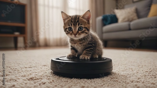 kitten sits on a robot vacuum cleaner in a modern home interior. Concept: Pets, smart cleaning gadget