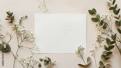 Wedding invitation card mockup with natural eucalyptus and white gypsophila plant twigs. Blank card mockup on beige background. Generative Ai