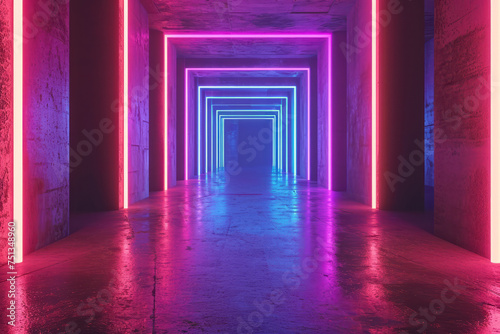 A long hallway illuminated by pink and blue lights  creating a colorful and eerie atmosphere