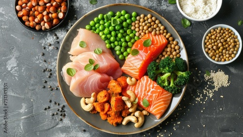 a plate, featuring a mouthwatering assortment of chicken, meat, tofu, salmon fish, nuts, and lentils, with ample empty space invitingly left for text or captions.