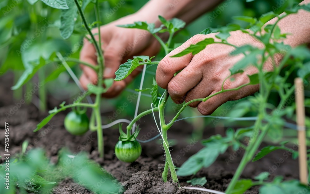 Close-up of male hands planting tomato seedlings in the garden.Gardening concept. Close-up of male hands planting tomato seedlings in the garden.Gardening concept.