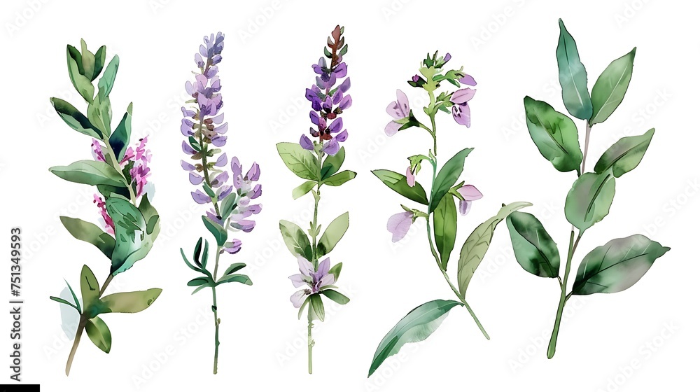 Wild field herbs flowers plants. Watercolor bouquet collection - illustration with green leaves, branches and colorful buds. Wedding stationery, wallpapers, fashion, backgrounds, prints. Generative Ai - obrazy, fototapety, plakaty 