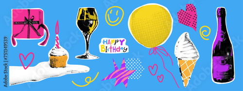 Collage design elements in trendy dotted pop art style. Retro halftone effect. Set of birthday elements. Hand with cake, gift, balloon, champagne.Vector illustration with abstract elements.