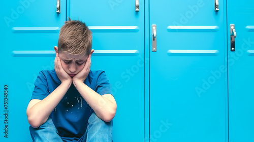 Sad child in the school. Bullying concept photo