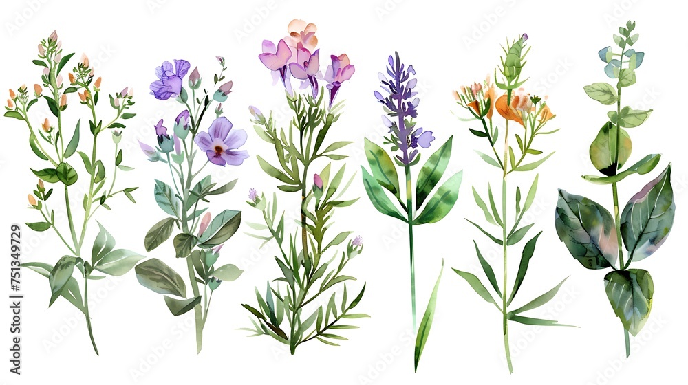 Wild field herbs flowers plants. Watercolor bouquet collection - illustration with green leaves, branches and colorful buds. Wedding stationery, wallpapers, fashion, backgrounds, prints. Generative Ai
