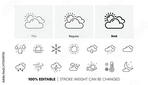 Cloudy sky, winter snowflake, thermometer. Weather and forecast line icons. Moon night, rain and sunset icons. Weather temperature, meteorology forecast. Linear set. Line icons set. Vector