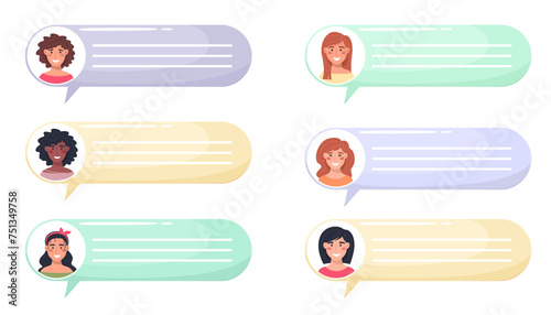 Female avatars with speech bubbles. Women communicating, talking illustration. Team, conference, work, feedback. Vector illustration in flat style.