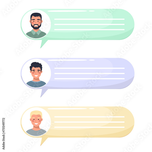 Male avatars with speech bubbles. Communication between men , talking illustration. Team, conference, work, feedback. Vector illustration in flat style.