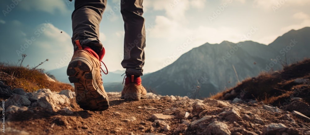 A hiker is seen carefully traversing rugged terrain, making their way up a hill on a bright and sunny day. The focus is on their feet as they take each step upwards. - obrazy, fototapety, plakaty 