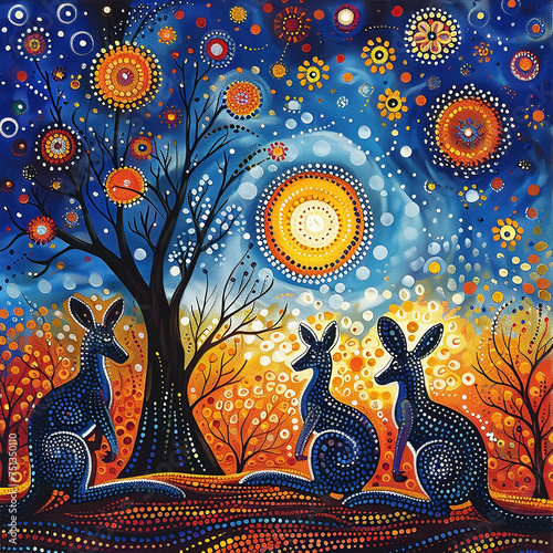 Australian Aboriginal dot painting style art landscape with kangaroos.