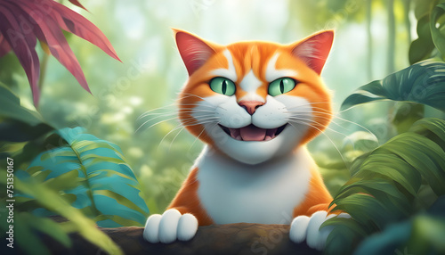 Cute illustration drawing of a ginger color cat face with sharp eyes in green jungle background 
