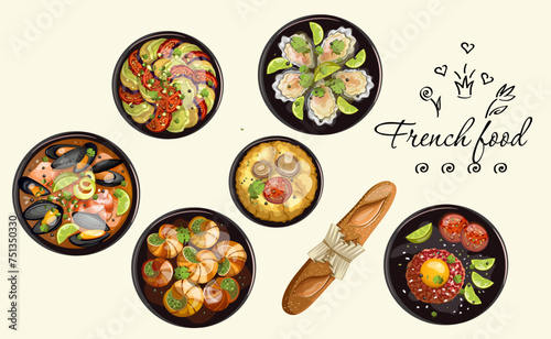 Set of colorful French cuisine dishes