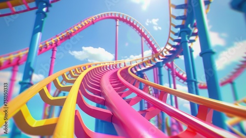 Vibrant Roller Coaster Rides Under Blue Skies, animated, looping roller coaster in vivid pink and yellow hues captures the thrill of amusement parks against a clear blue sky, evoking a sense of fun © Viktorikus