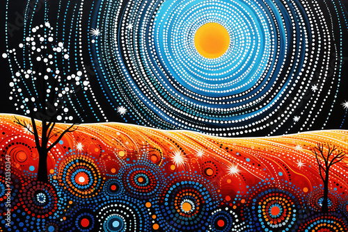 Australian Aboriginal dot painting style art landscape of a waterhole and the night sky.