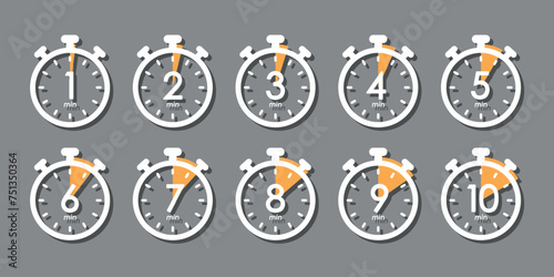 set of timer symbols, 1 to 10 minutes stopwatch symbol, white and orange design elements on grey background, vector icon set photo