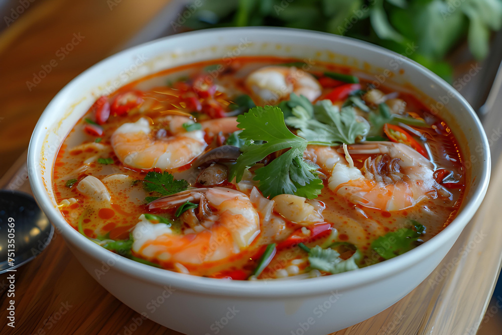 Tom Yum Goong, Thai spicy soup with shrimps. Tomyam
Tom Yum Goong, Thai spicy soup with shrimps. Tomyam