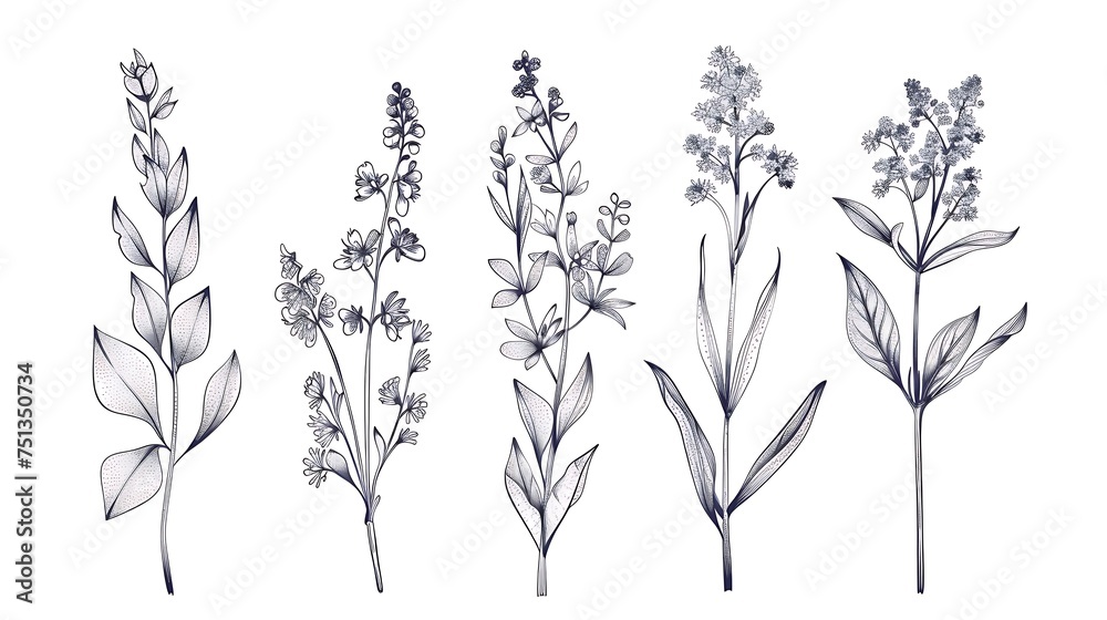 Wild flowers vector collection. herbs, herbaceous flowering plants, blooming flowers, subshrubs isolated on white background. Hand drawn detailed botanical. Generative Ai