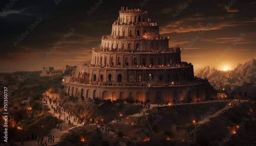 The tower of babel illuminated by numerous lights at its pinnacle, standing out against the dark sky. The lights create a striking visual display that is hard to miss