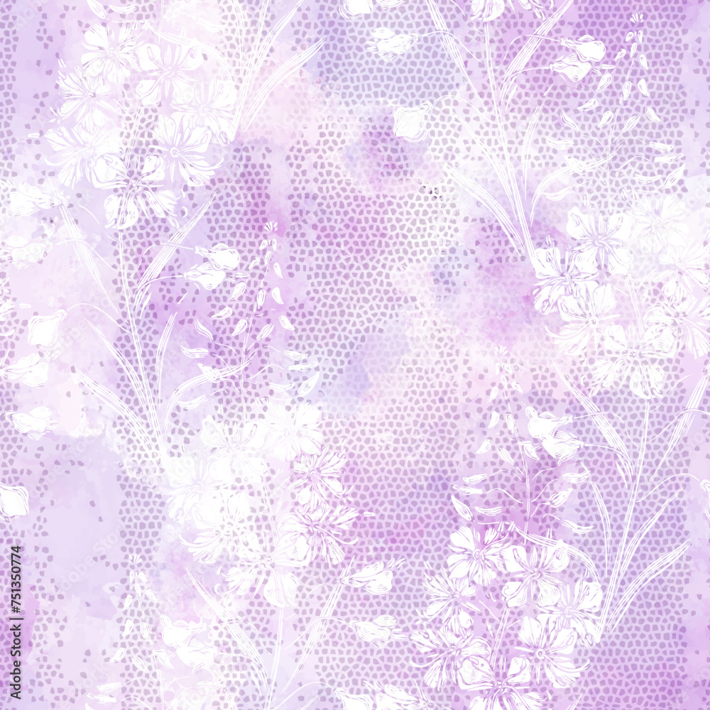 Floral seamless pattern with fireweed flowers on a pink watercolor textured background. Vector illustration. Art botanical background. Perfect for design templates, wallpaper, wrapping, fabric. Floral seamless pattern with fireweed flowers on a pink watercolor textured background. Vector illustration. Art botanical background. Perfect for design templates, wallpaper, wrapping, fabric.