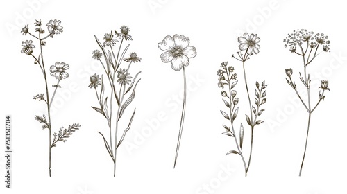 Wild flowers vector collection. herbs, herbaceous flowering plants, blooming flowers, subshrubs isolated on white background. Hand drawn detailed botanical. Generative Ai