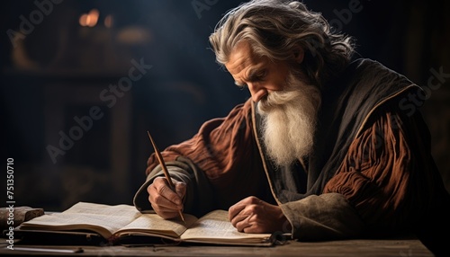 An actor portraying Saint Luke, with a long white beard, is focused on writing in a book. The man is seated, wearing traditional clothing, and appears to be engrossed in his task