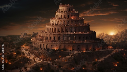 The tower of babel illuminated by numerous lights at its pinnacle, standing out against the dark sky. The lights create a striking visual display that is hard to miss