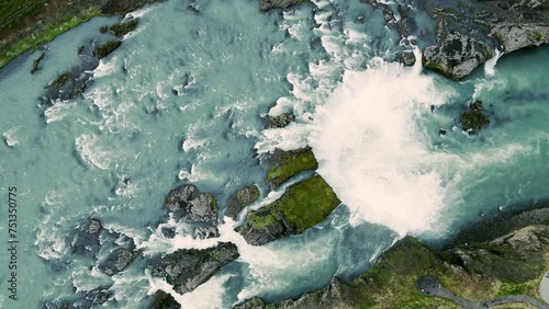 Aerial top shot of Goðafoss waterfall, located in the river Skjálfandafljót in north Iceland, the fourth-largest river in Iceland.
