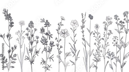 Wild flowers vector collection. herbs, herbaceous flowering plants, blooming flowers, subshrubs isolated on white background. Hand drawn detailed botanical. Generative Ai © mahaart