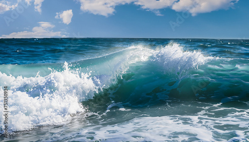 Powerful foamy sea waves rolling and splashing over water surface against cloudy blue sky
