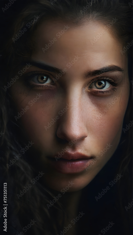 A close-up of a woman's face, her eyes filled with determination and strength as she faces the unknown in a dark and mysterious world.